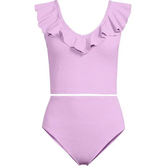 Land's End Two Piece Pique Ruffle Midkini Hi waist bottoms Wild Lilac size Med